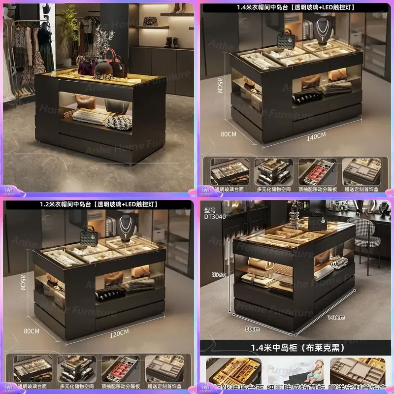 Black Island Display Cabinet Double Sided Jewelry Showcase with LED Light Large Capacity Storage Locker for Bedroom Cloakroom