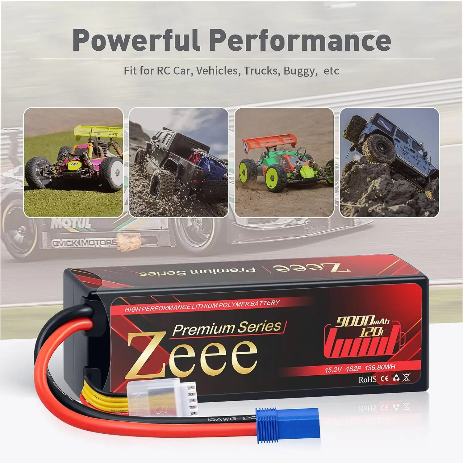 1/2pcs Zeee 2S 3S 4S 9000mAh HV Lipo Battery 7.6V 11.4V 15.2V 120C Hardcase with EC5 Plug for RC Car Racing Model-Premium Series