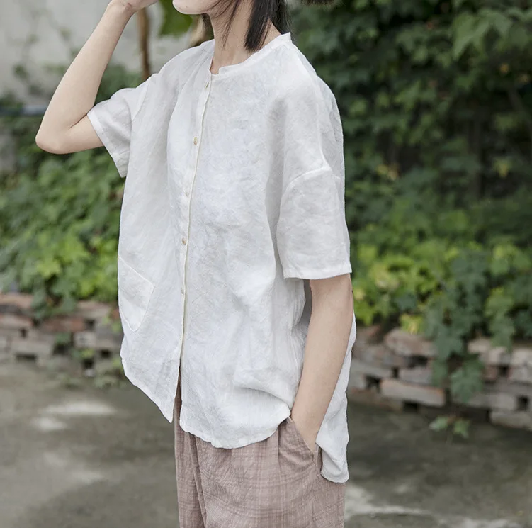 

New design literary and simple solid color top white ramie short-sleeved top fashionable casual versatile temperament elegant va