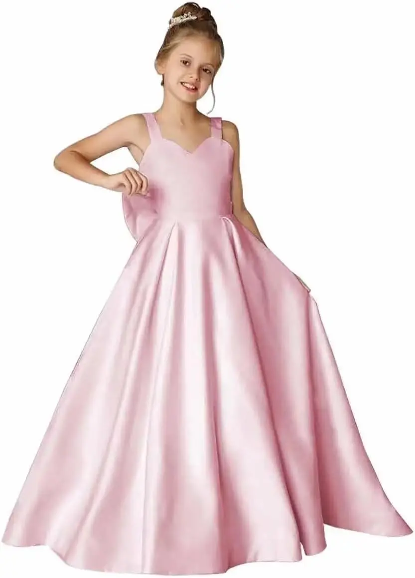 فساتين الفتيات زهرة لحفلات الزفاف الساتان الأميرة فستان المسابقة للأطفال حفلة موسيقية الكرة أثواب مع فستان الفتيات عقدة القوس