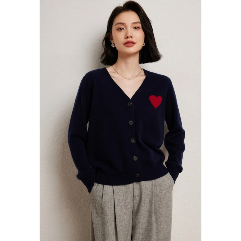 New Luxury Women Cashmere Sweater Preppy Style V-neck Cardigan Heart Knitted 100% Cashmere Knitwear Autumn Winter Clothes Tops