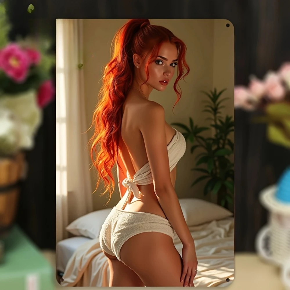 Vintage Red Hair Lady 2D-Wandkunst – 20,3 x 30,5 cm großes Aluminiumschild, keine Strom erforderlich, einfaches Aufhängen, Retro-Heimdekoration für Schlafzimmer, Wohnzimmer, R