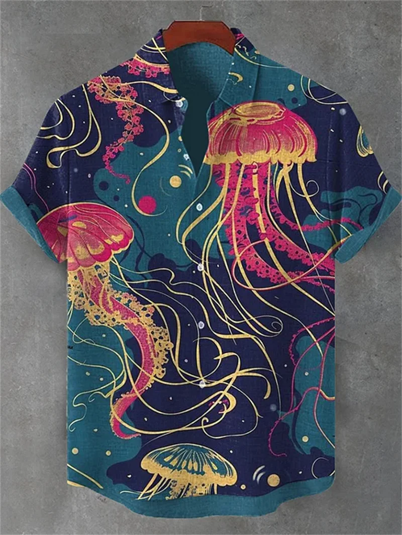 

Hawaiian shirt men's linen cat print short sleeved shirt with buttons and lapel top casual vacation clothing