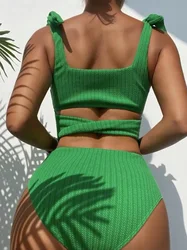 Conjunto de Bikini acanalado para mujer, bañador atado al hombro, traje de baño de cintura alta con realce, ropa de playa para vacaciones, novedad de 2024