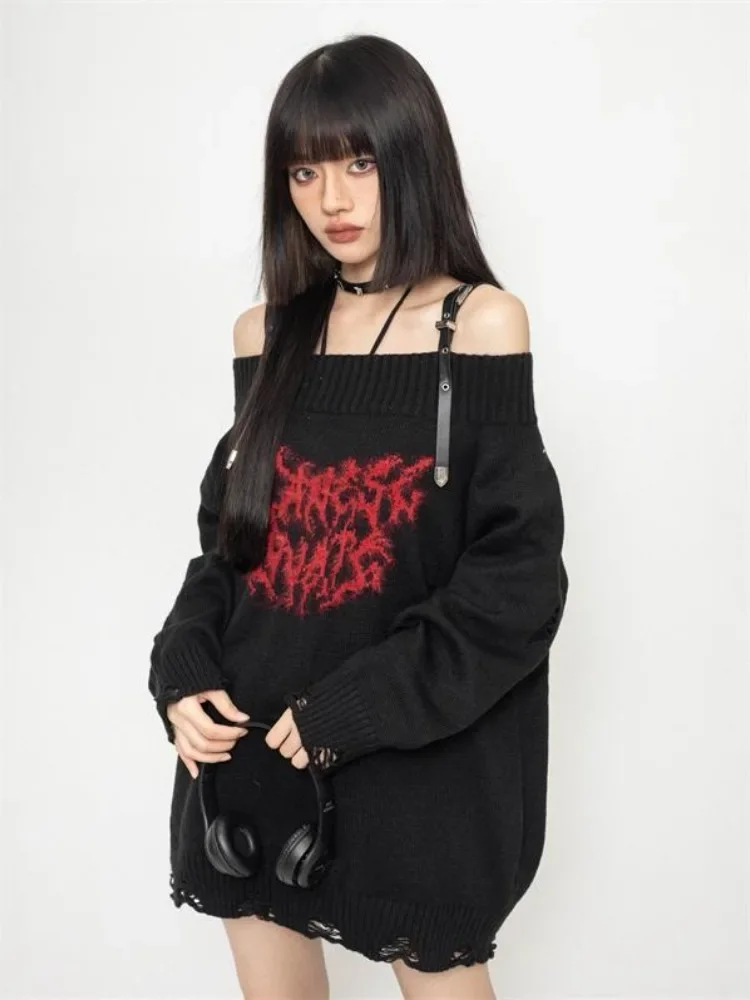 

Harajuku Gothic Sexy Off Shoulder Knitted Jumpers Grunge Jacquard Sweater Fashion Knitwear Y2k Aesthetic Slash Neck Pullover