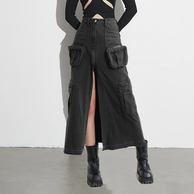 

Юбка-миди женская летняя стильная юбка трапециевидной формы с высокой талией для похудения нишевая дизайнерская юбка с потертым подолом