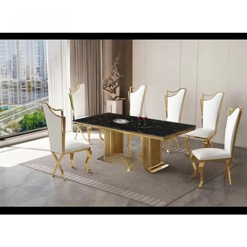 Modern Luxury Gold Marble Kitchen Table 6-8 Seats Stainless Steel Rectangle Dining Table Set