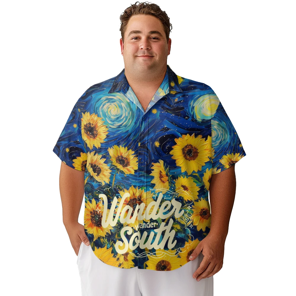 2024 new  Men's shirts plus size Starry sky oil painting Sunflower garden printed clothing casual short-sleeved