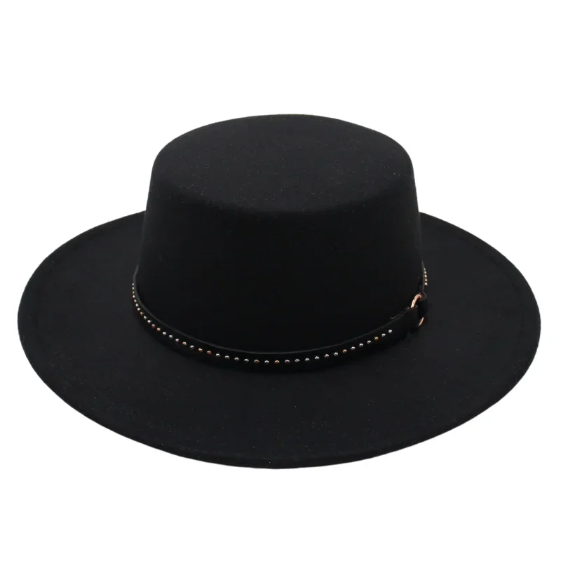 Elegant Wool Women Fedora Hat Gentleman Winter Autumn Jazz Bowler Hat Lady Men Flat Top Felt Hat Casual 7.5cm Flat Brim Top Cap