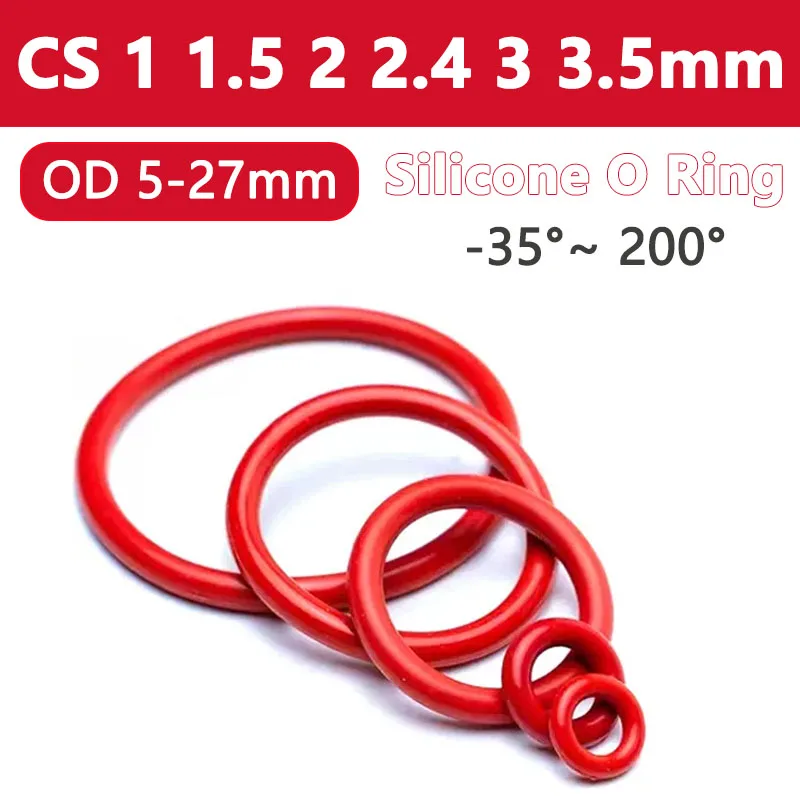 

50pcs Red Silicone O Ring CS 1 1.5 2 2.4 3 3.5mm OD 5-27mm Food Grade Waterproof Washer Rubber Insulated Round Seal Gasket VMQ