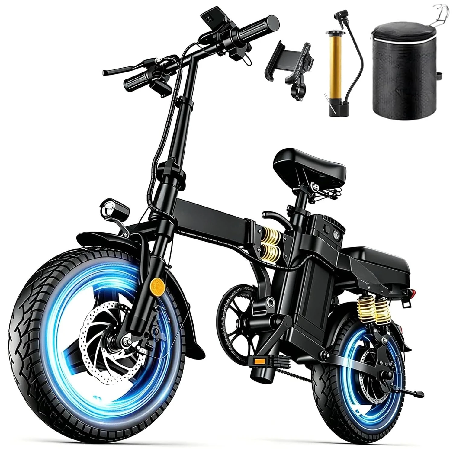 Foldable Ebike with Keyless Ignore, 1000/2000W, 52V 25Ah/48V 15Ah, Max 60-80 Miles Range Folding Electric Bike, 14", Customized