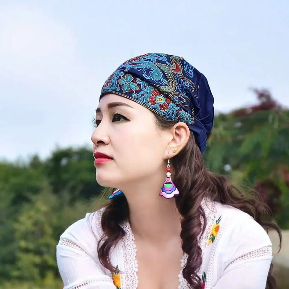 Fashion Embroidery Flowers Bandanas Ethnic Mexican Style Turban Hats Breathable Vintage Beanie Hat for Women