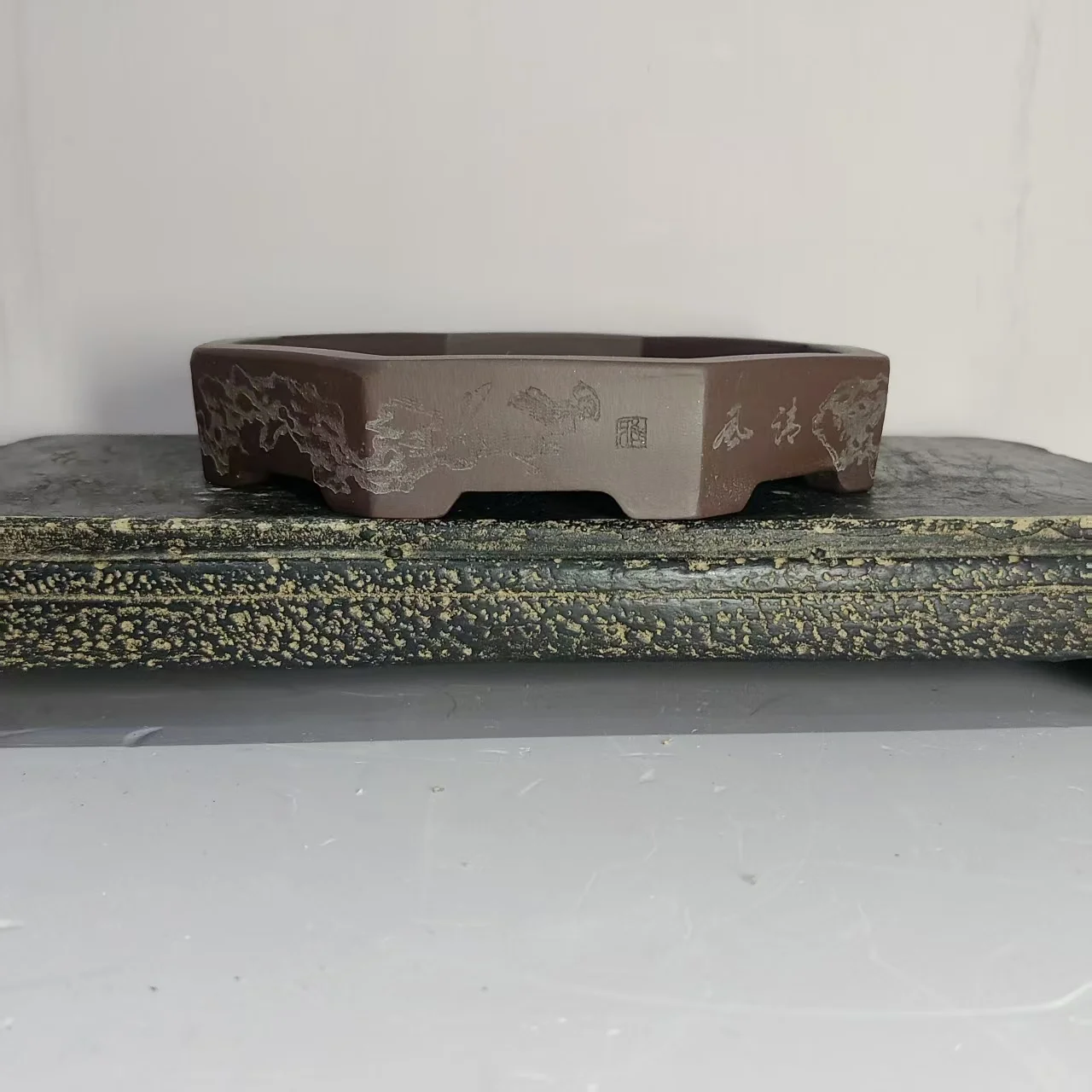 

High quality Hand craved Purple clay octagon shape shallow bonsai pot