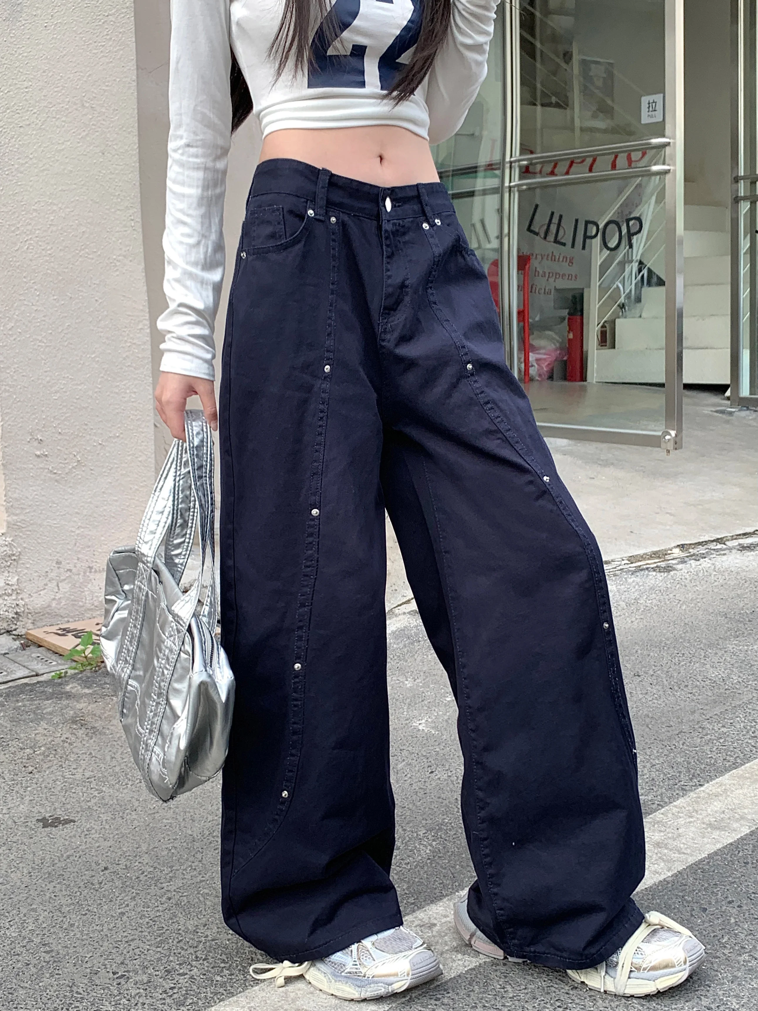 Streetwear Hip Pop Mutil Pockets Baggy Jeans Women Low Rise Y2K Black Denim Pants 2000s Harajuku Wide Leg Trousers Pantalones