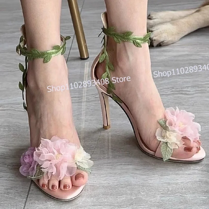 

Mixed Color Flower Sandals Shallow Ankle Strap Open Toe High Heel Roman Summer Women Shoes Sweet Dress Shoes Zapatillas Mujer