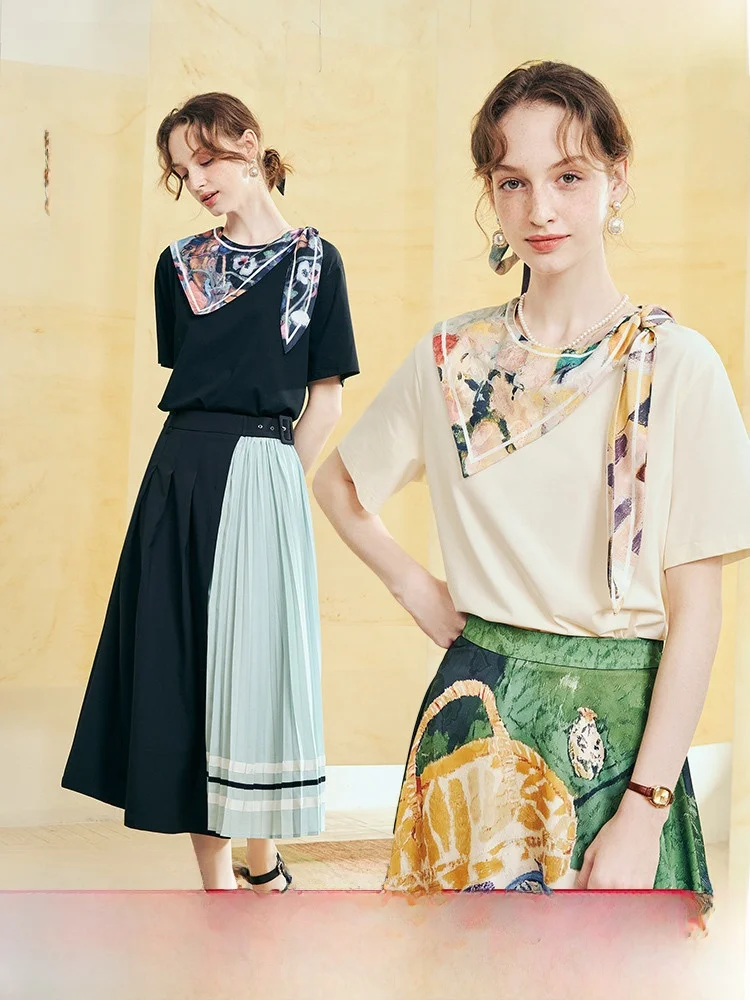 

Футболка с ретро-принтом и воротником-шарфом, свободного кроя, из смеси хлопка и полиэстера, летняя новинка от Zigzag