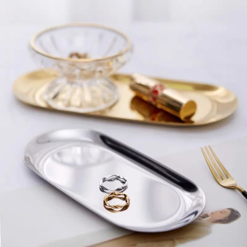 

Household Stainless Steel Metal Silver Tray Ins-Style Simple Plates Multi-Functional Dessert Cake Display Tray Kitchen Tools