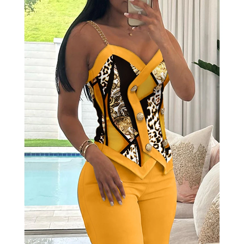 Summer Women Leopard Print Chain Strap Button Vest Top & Ladys Pants Suit Ensembles Femme Office Two Piece Sets Womens Outifits