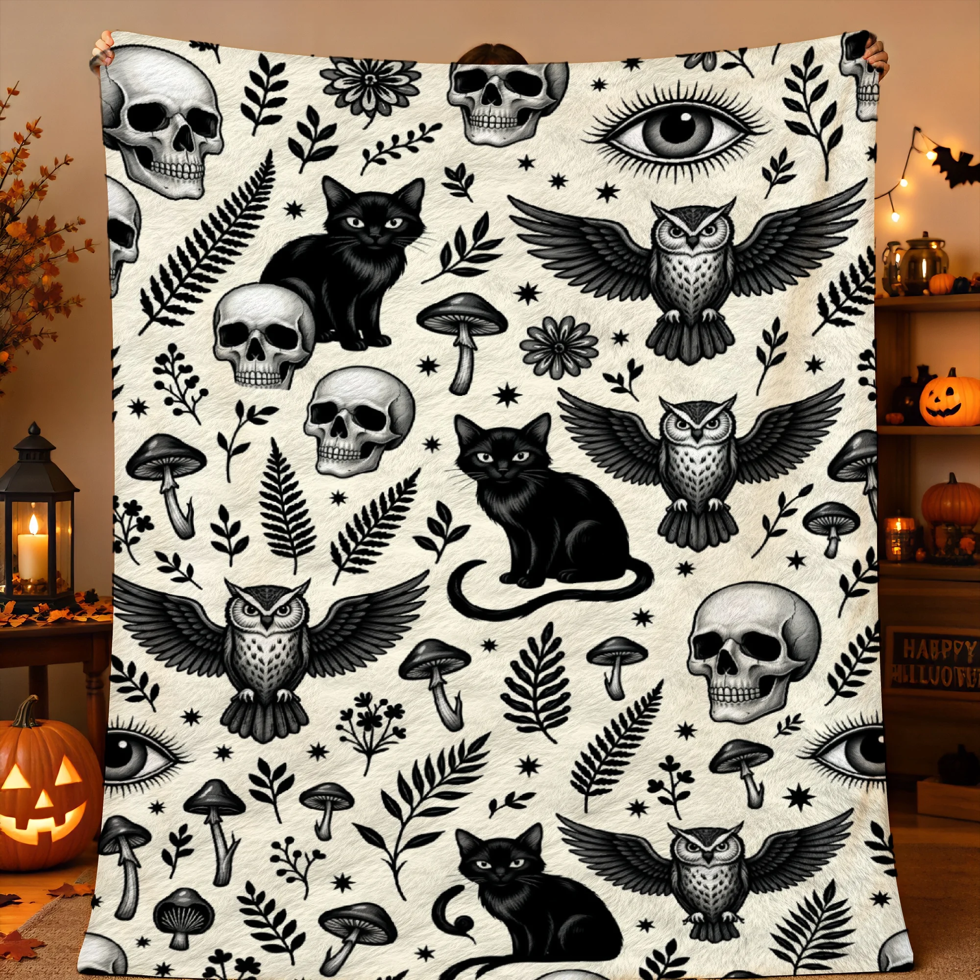 1pc 2D Printed Black Cats Skulls Owls Eyes Mushrooms Ferns Leaves on Cream Background Halloween Throw Blanket, Soft Warm Comfort