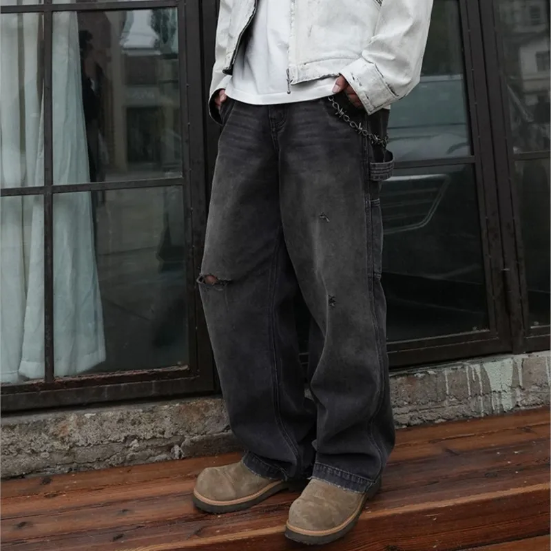 Wasteland Style Worn Washed Old Ripped Retro Overalls Casual Jeans for Men