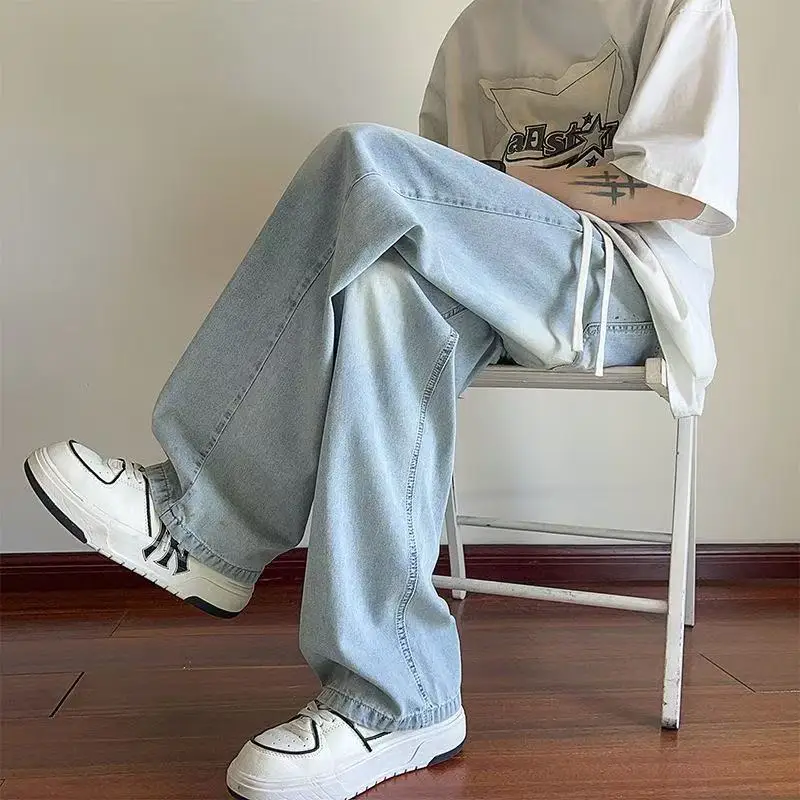 

Ice Silk Wide Leg Straight Cut Jeans Men's Summer Thin Loose Fit Casual Trousers Teenage Boys Faion Breathable Denim Pants
