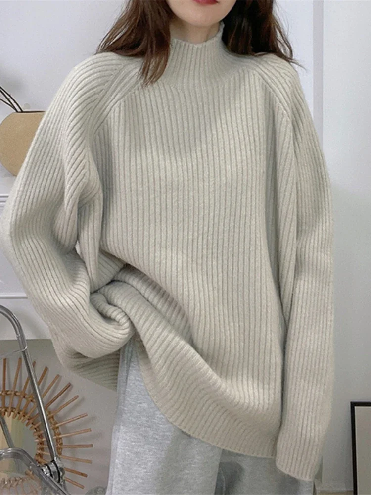 Women Knit Sweaters Full Sleeve Turtleneck Loose Pullover Jumpers Casual Solid Sweater Splice Elegant Ladies Autumn Winter