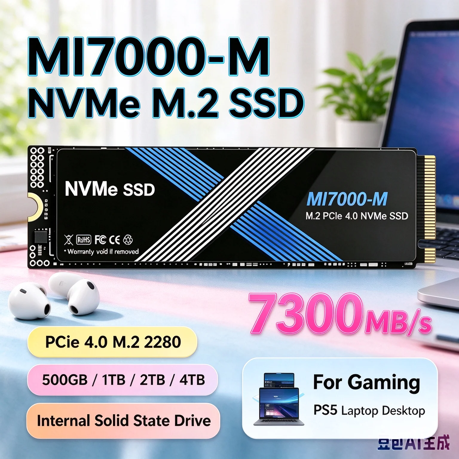 2TB 4TB MI7000-M NVMe M.2 SSD PCIe 4.0 Total System Boost 7300MB/s Internal Drive Desktop Laptop Desktop Upgrade Ready