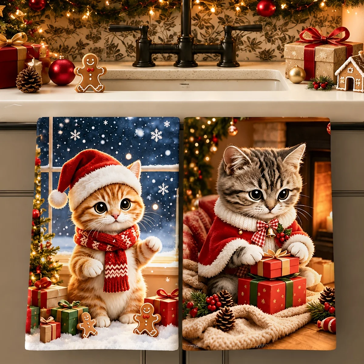 2pcs Christmas Dish Cloth, Cat, Gifts And Gingerbread Patterns Cleaning Cloth, Dishcloths for Winter Holiday for Home Decoration