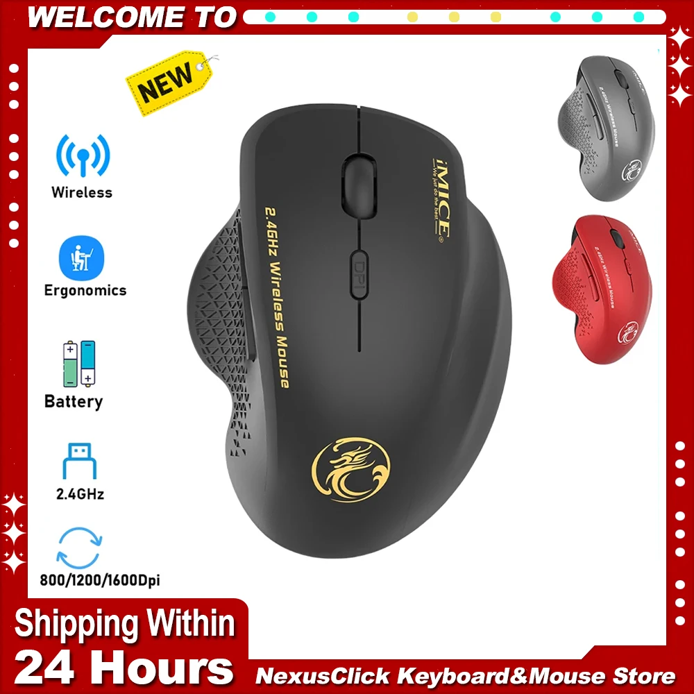 

IMICE 2.4G Wireless Mouse 6 Buttons 1600DPI 3 Speed Adjustable Optical Computer Battery Mouse Ergonomic Mice for Laptop PC Gamer