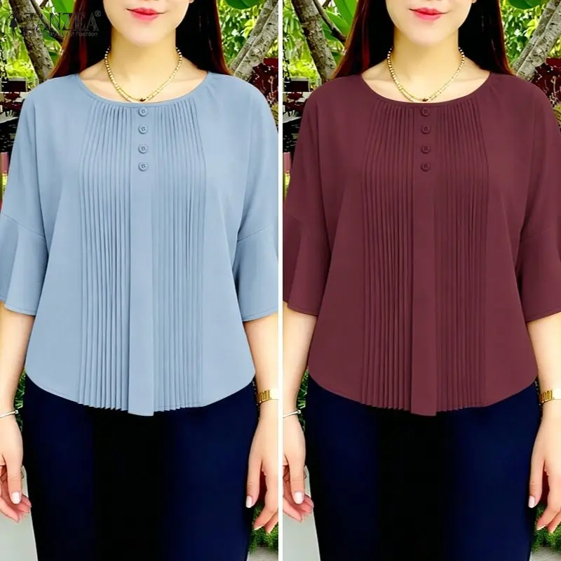 

2026 ZANZEA Summer Solid Color Blouse Women Elegant 3/4 Flare Sleeve Work Shirt Casual Pleated Tops Tunic Mujer Female Chemise