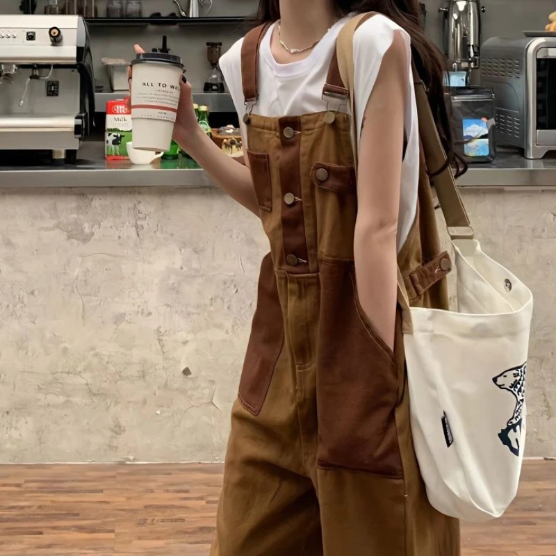 

Vintage Denim Overalls Women Korean Harajuku Style Loose Wide Leg Pants Brown Chic Streetwear Jumpsuit Jeans All Match Trousers