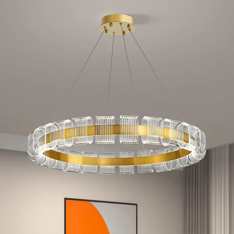 

Nordic light luxury golden living room, modern minimalist round dining room, hotel bedroom, designer chandelier