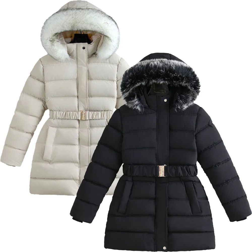 Winter Teenage Girl Coat Long Mid Length Fleece Lined Puffer Jacket Warm Parka Faux Fur Collar Hooded Coat Belt Kids Snowsuit