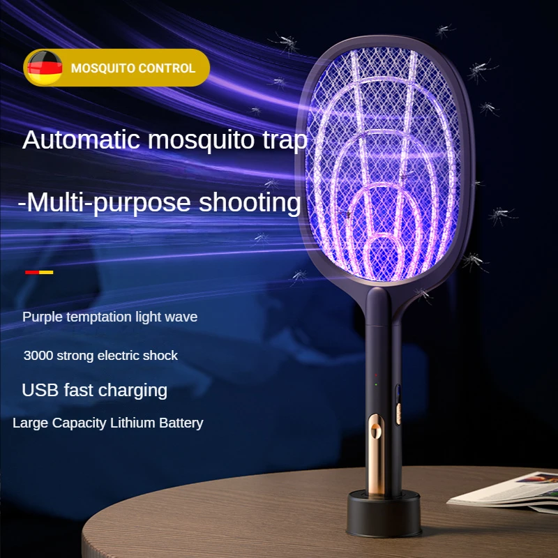 Electronic Mosquito Killer Racket UV Light Trap Lamp Electric Shock 2-in-1 USB Rechargeable Fly Killler Swatter w/ Standing Rack