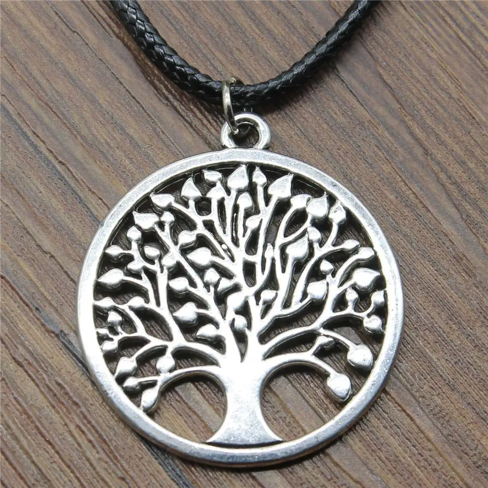 Hot Tree of Life Round Pendant Necklace Silver Color Collier Leather Chain 38x34mm Elegant Women Jewelry Gifts Dropshipping