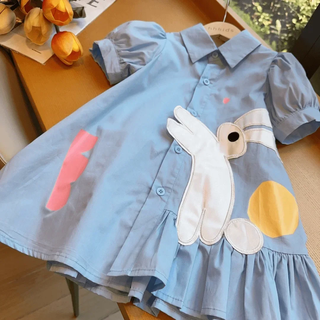 Baby Girls Dresses Kids Short Sleeved Cartoon Dress Toddler Blue Costume 2024 1 To 8 Yrs Children\'s Korean Style Clothing