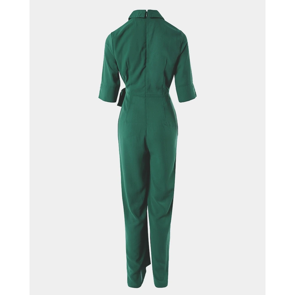 Summer Autumn Women V-Neck Lace Up Waist Half Sleeve Wide Leg Elegant Jumpsuits Lady Green Jumpsuit Workwear Free Shipping Items