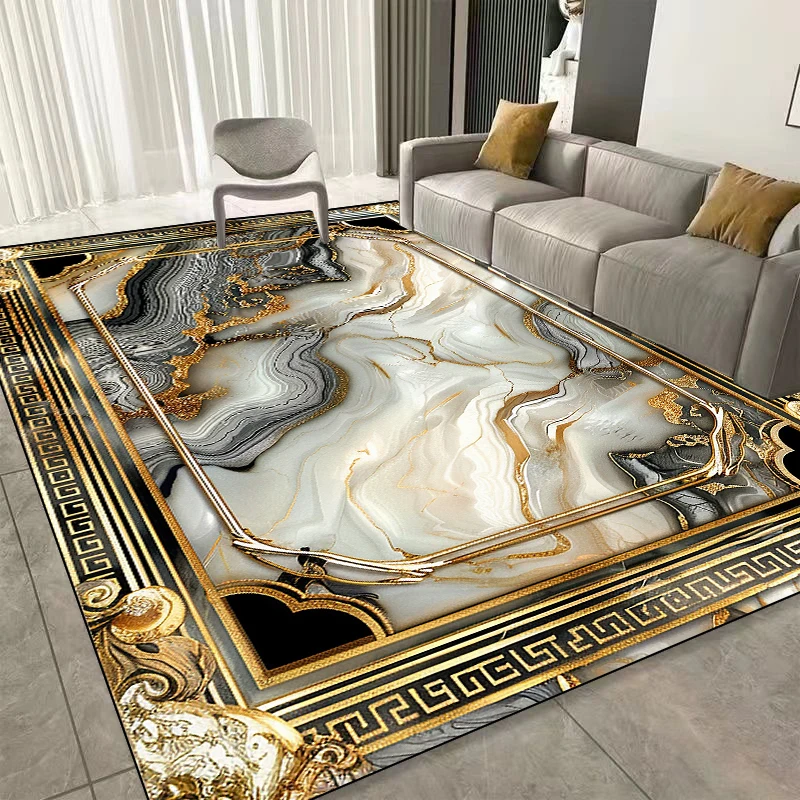 Modern Luxury Marble Pattern Print Flannel Area Rug Gold Design Soft Comfortable Floor Mat For Living Room