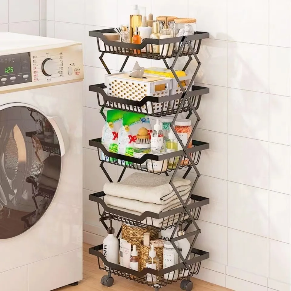 

Stainless Steel 5 Tier Kitchen Swivel Shelf 360 Degree Basket Fruit Vegetable Storage Rack Floor Foldable Shelf With Wheels