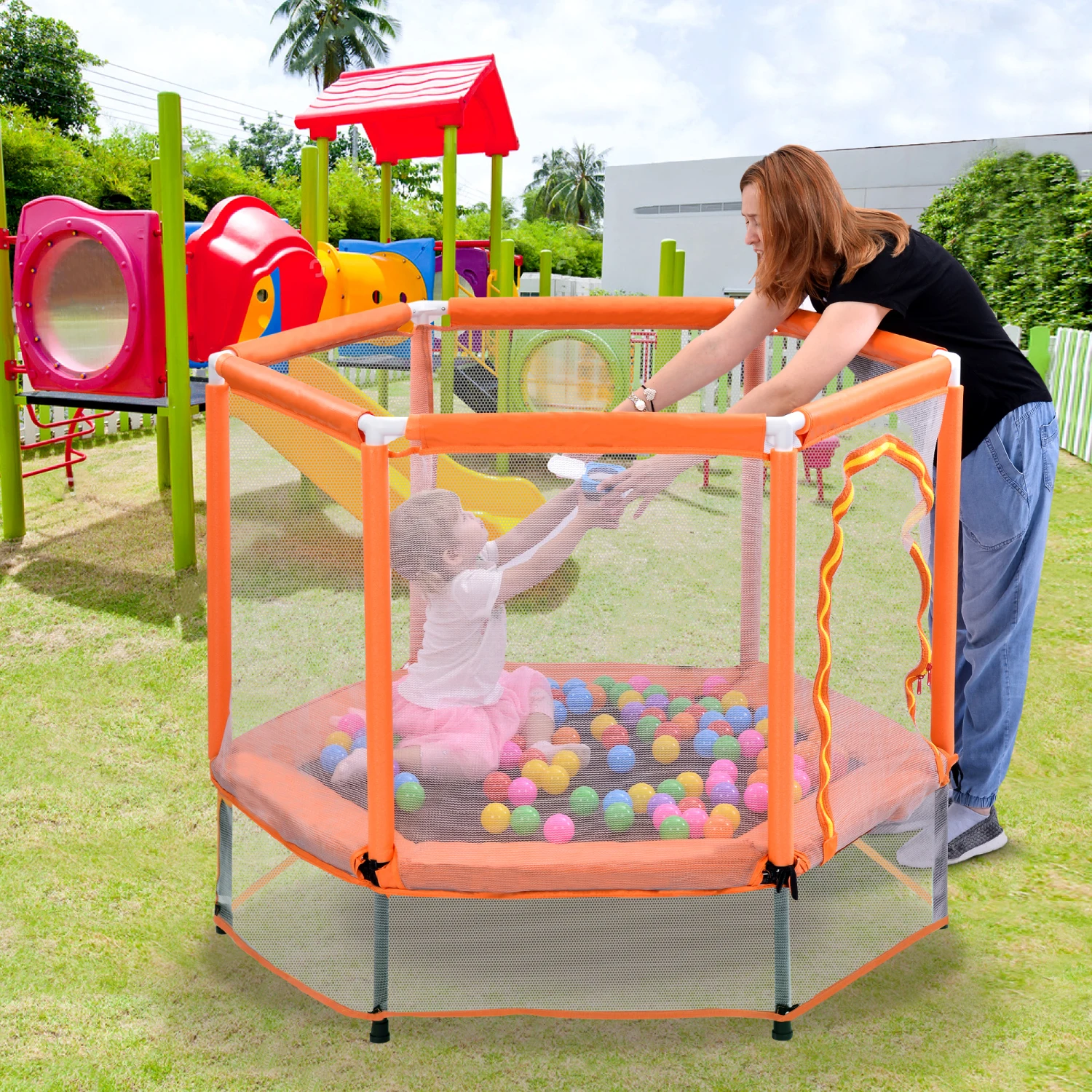 55'' Toddlers Trampoline with Safety Enclosure Net and Balls, Indoor Outdoor Mini Trampoline for Kids