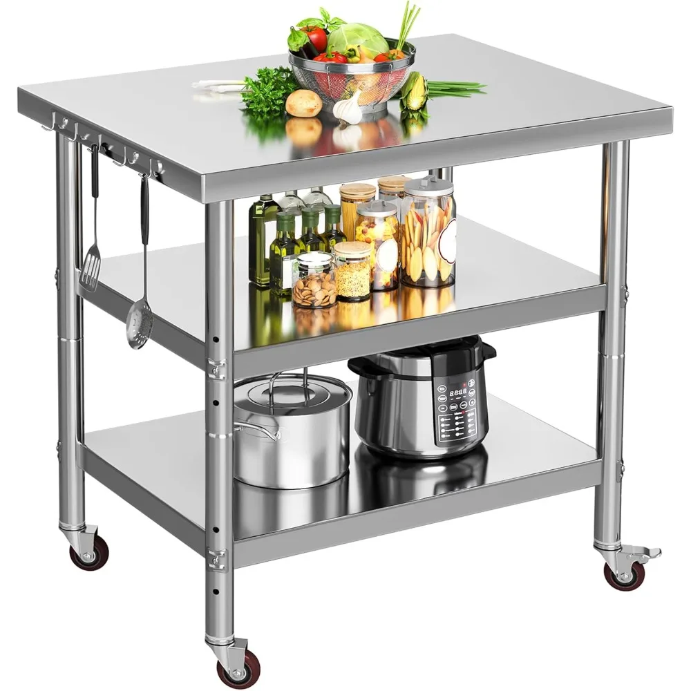 

NSF Stainless Steel Table, 30 X 24 Work Table with Wheels, 3 Shelves Metal Prep Worktable for Home Kitchen Restaurant G