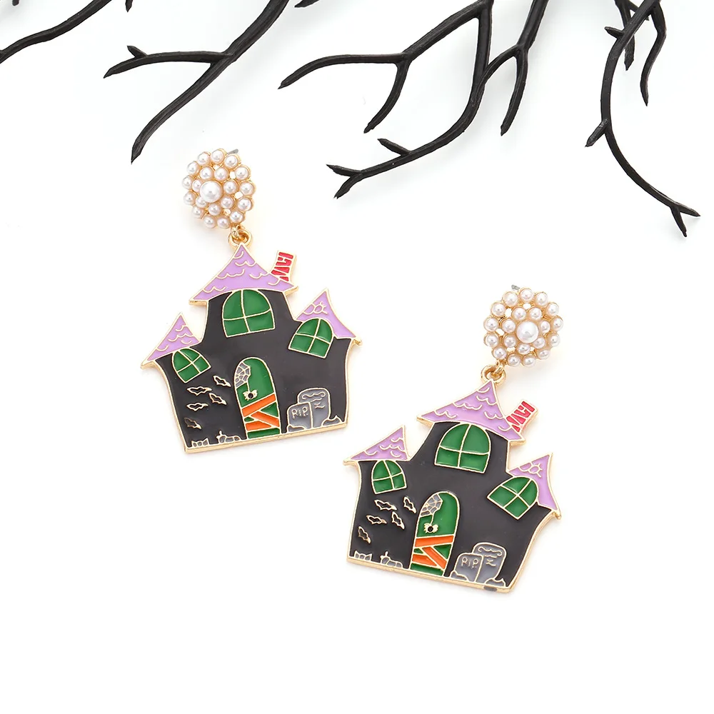 Creative Alloy Drip Horror Haunted House Pendant Earrings Fun Halloween Ghost House Earrings Female