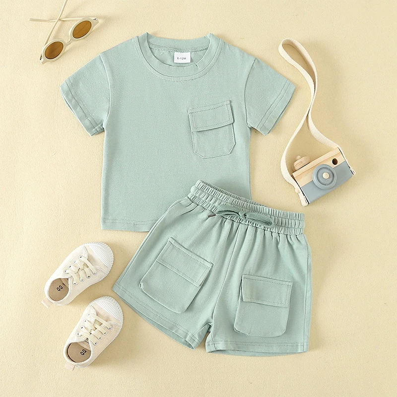 

Toddler Boys Summer Outfits Solid Color Pocket Short Sleeve Shirt Elastic Waist Shorts 2Pcs Clothes Set