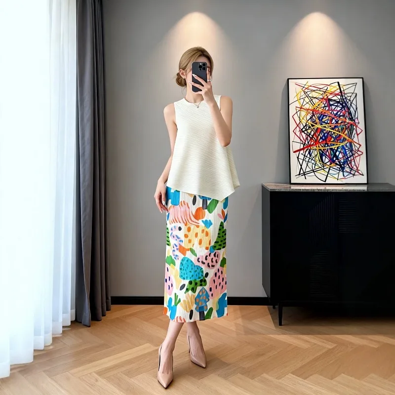 Miyake Pleated Skirt 2026 Original New Summer Children's Fun Forest Graffiti Print Slim Fit Skirt Fashion Casual Pleated Pleat