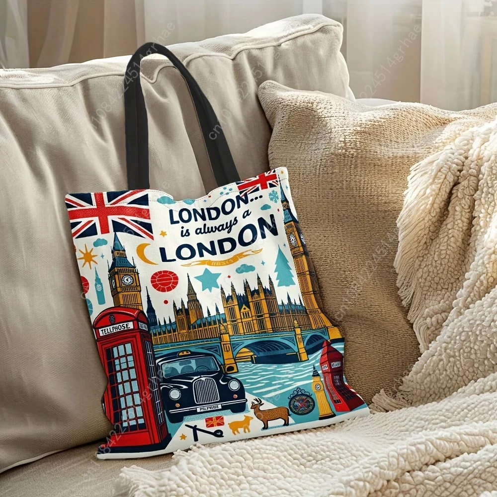 Reusable Grocery Tote Bag Women London-Themed Design Big Ben Red Phone Booths Union Jack Polyester Large Capacity Shopping Bag