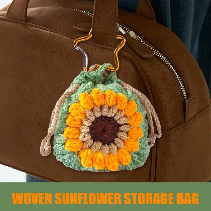Coin Purse Keychain Woven Sunflower Keyring Charm Portable Trendy Drawstrings Protective Coin Pouch for Women Men Girls Teens