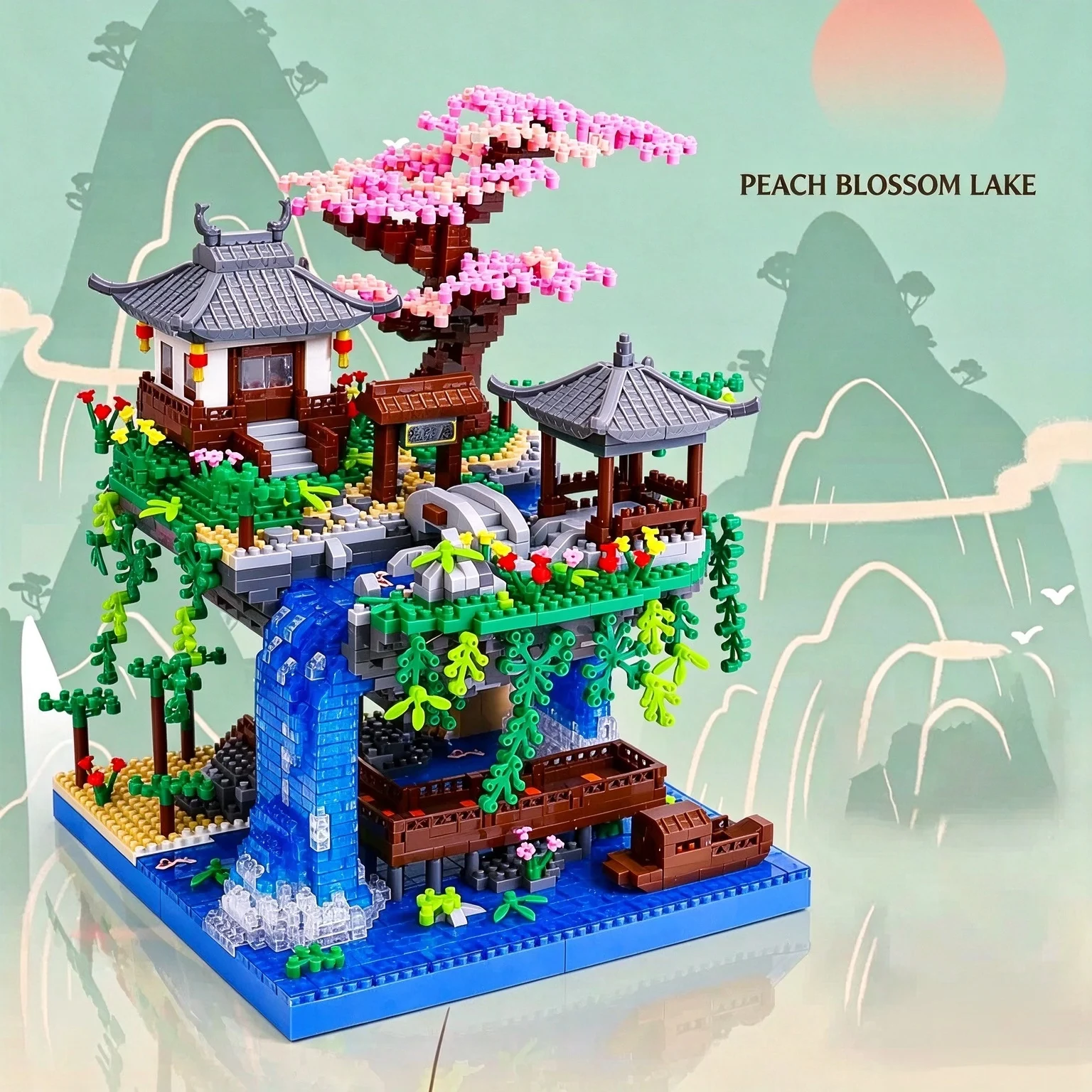 Sakura Tree House & Peach Tan Lake Themed Building Blocks Set, Micro‑Particle DIY Decorative Model Kit, Creative Toy for Adults