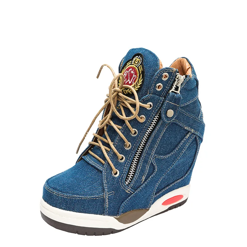 Big Size Women\'s Denim Wedges Sneakers Autumn Platform Casual Fashion Ladies Side Zipper Vulcanized Shoe Thick Bottom High Heel