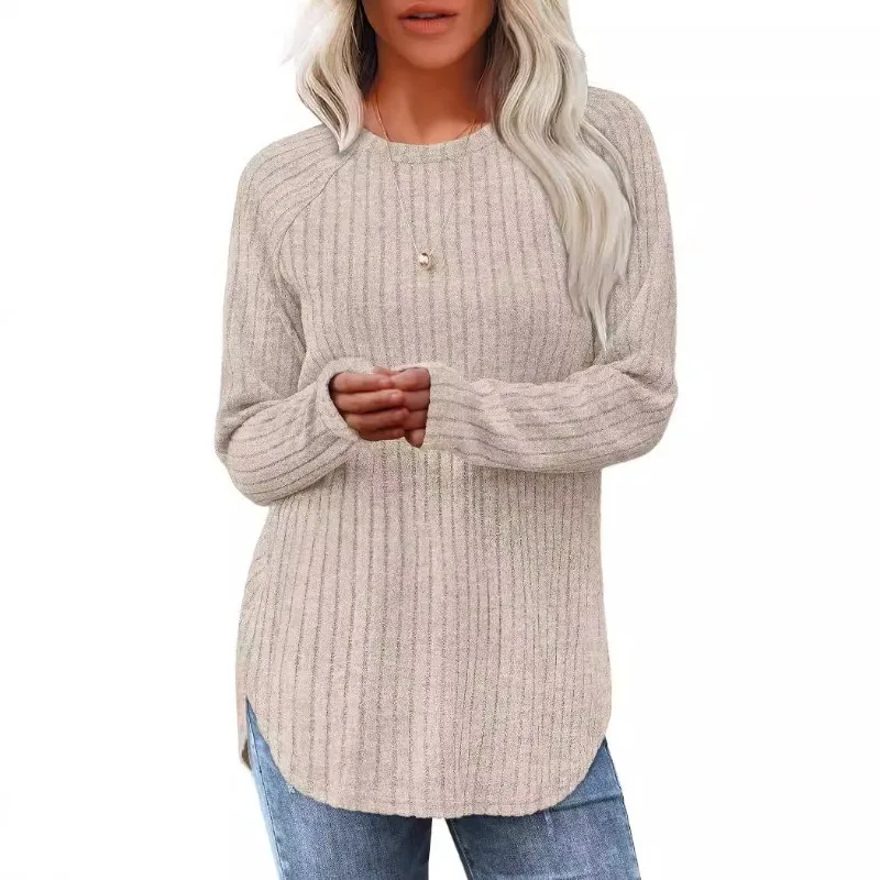 

Women Cute Split Casual Sweater Comfortable Long Sleeved Pullover Autumn Street Wear Basic Round Neck Side Slit Woman Clothes