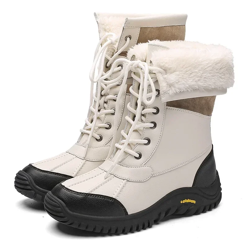 High Top Waterproof Thicken Plush Warm Leather Boots Women Winter Outdoor Non Slip Cotton Padded Platform Snow Boots Fur Women